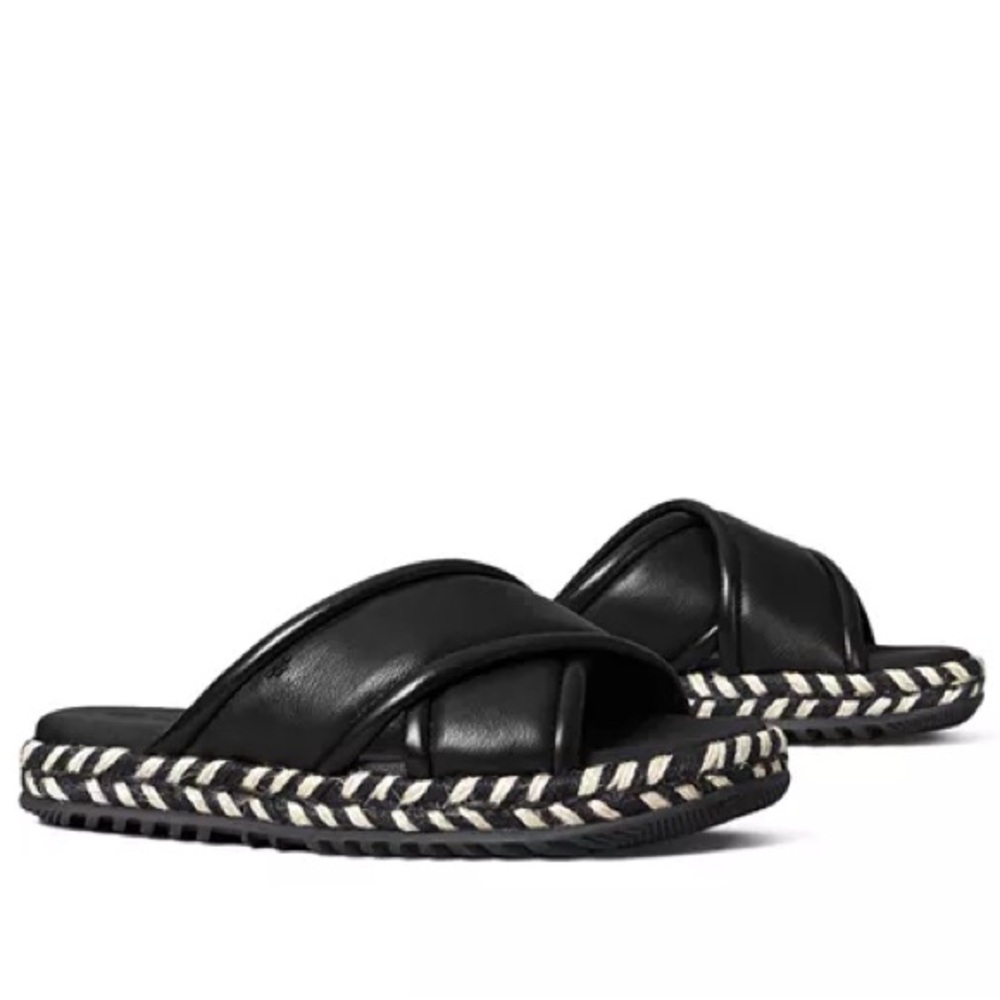 Tory Burch Black Leather Cross-Strap Slide Sandals with Braided Trim